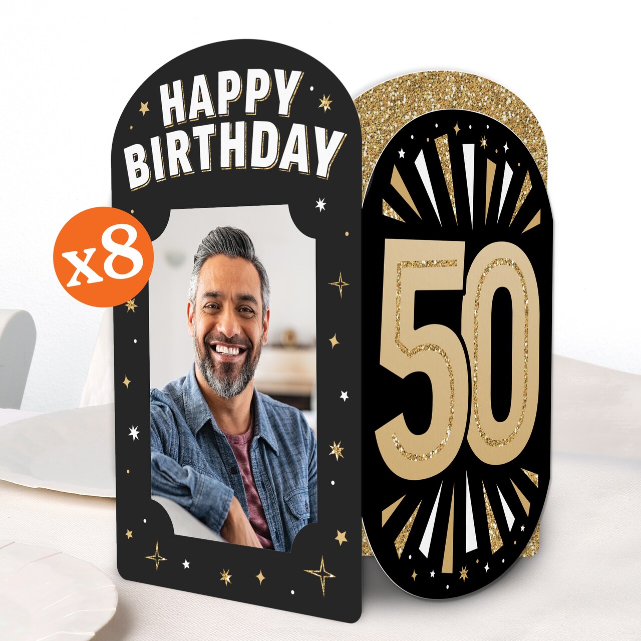 Big Dot of Happiness 50th Birthday Photo Holder Centerpieces, 4x6 Picture Display Box, Black & Gold Table Decoration for Adult Birthday Decor, 8 Count